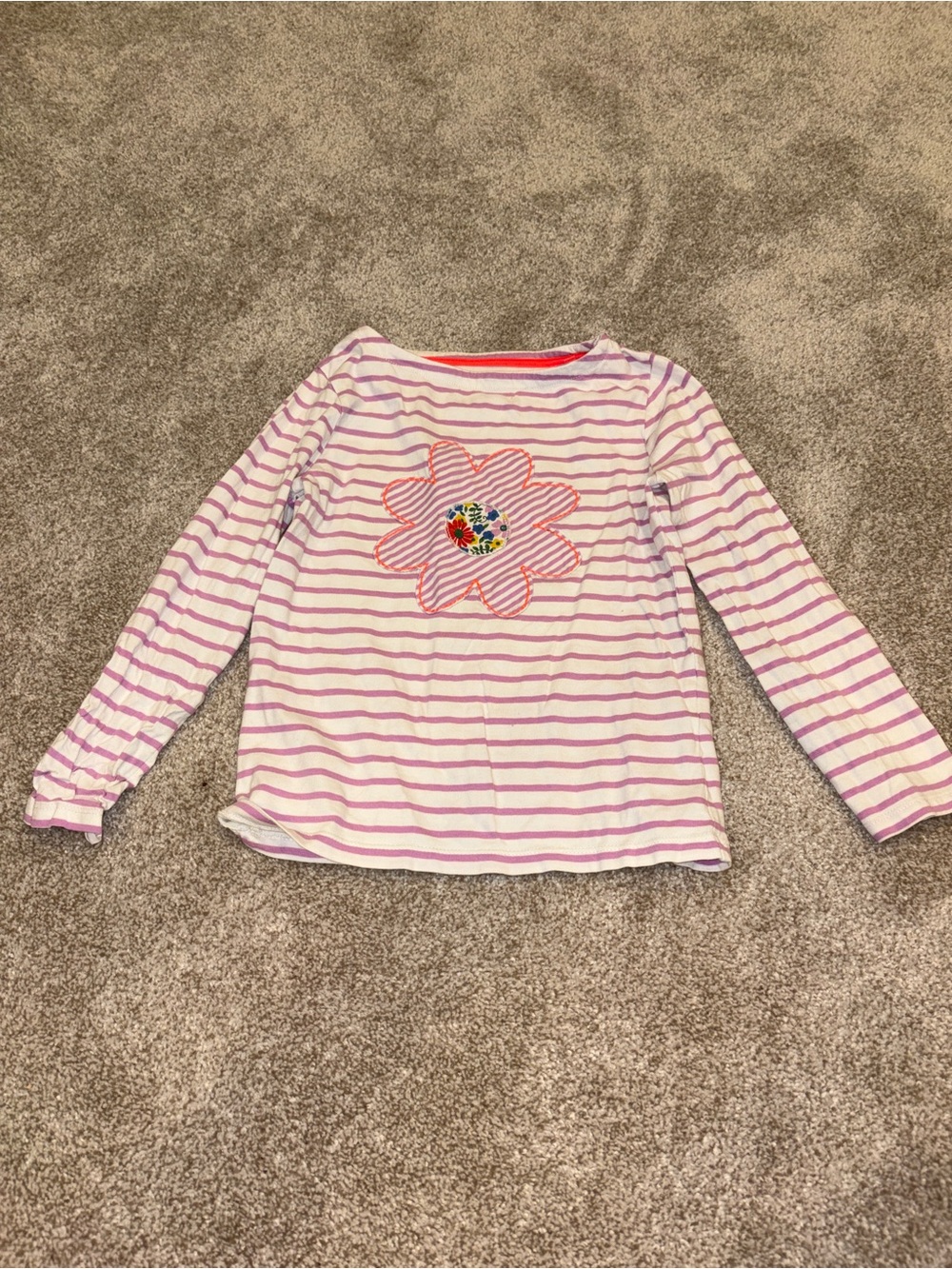 Mini Boden Pink and White Striped Long-Sleeve Top with Floral Applique